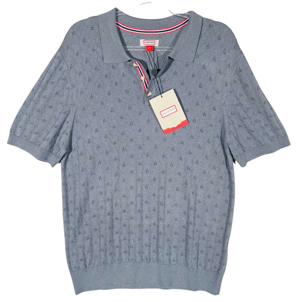 Hunter Men L Pointelle Knit Polo Shirt Gray Wool Cashmere Blend Short Sleeve NWT